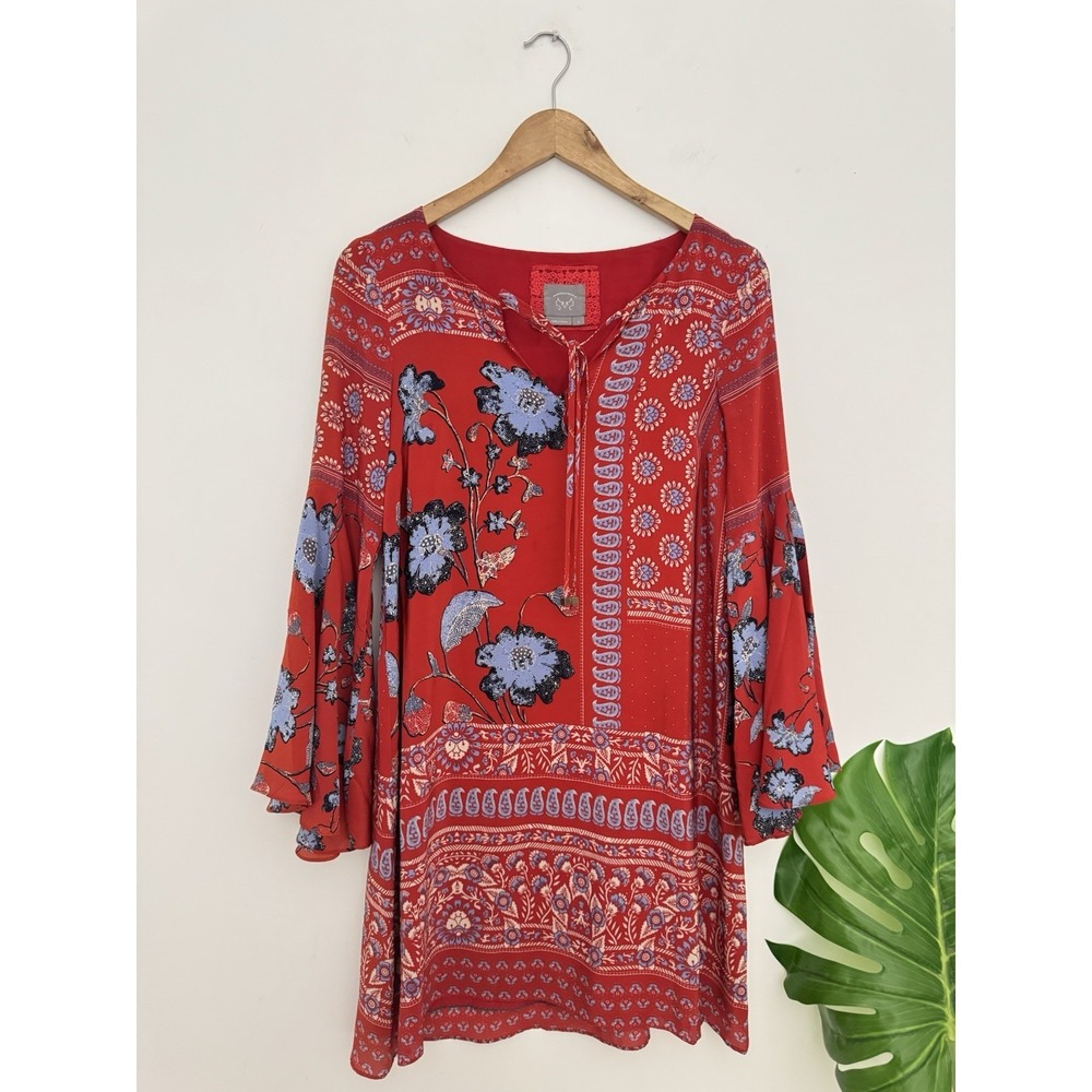 Anthropologie Vanessa Virginia Red Blue Floral Silk Bell Sleeve Peasant Dress 0